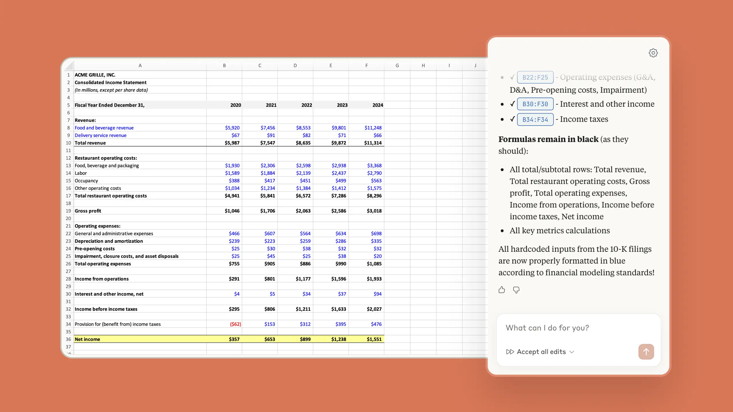 Claude in Excel avec une formule complexe générée automatiquement dans une feuille de calcul